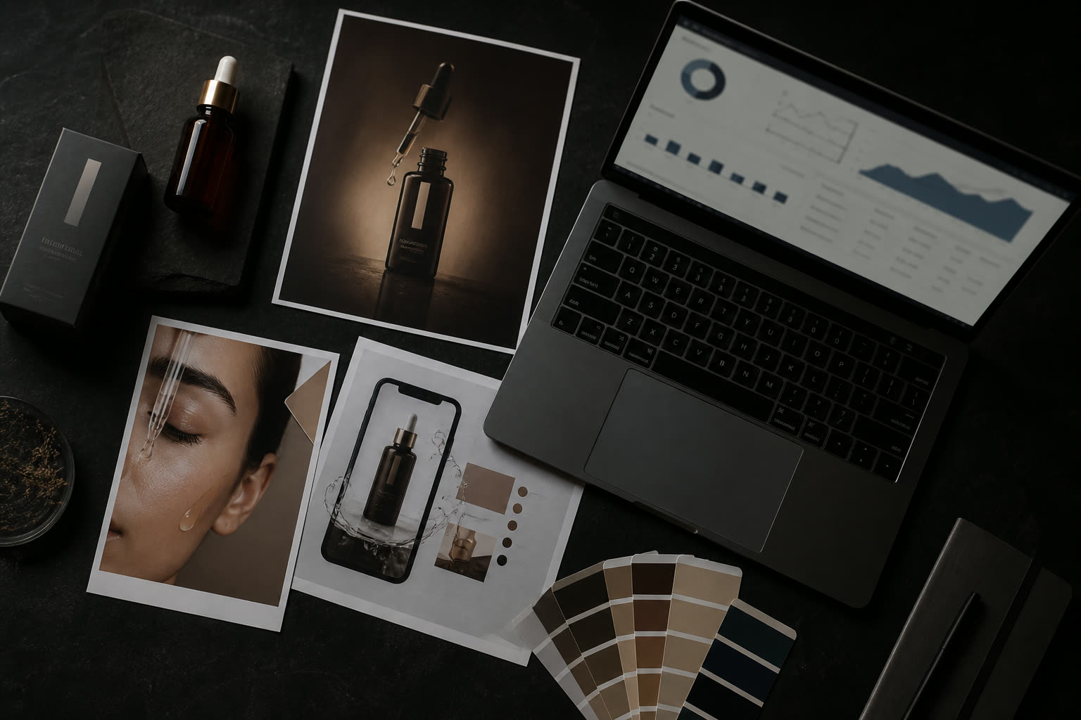 Campaign materials and performance review on a studio desk